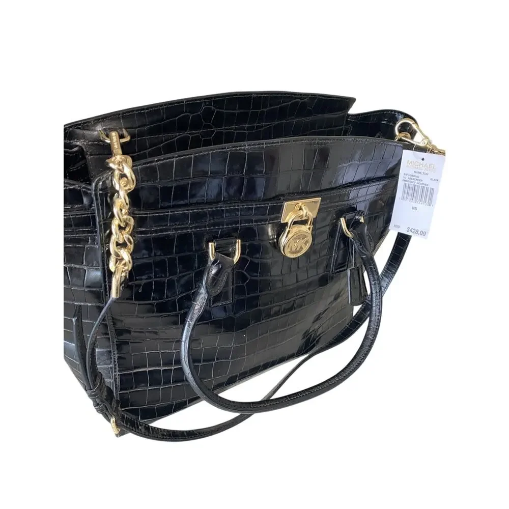 Michael Kors Hamilton Weekender Black Embossed Leather Gold Chain Classic Purse